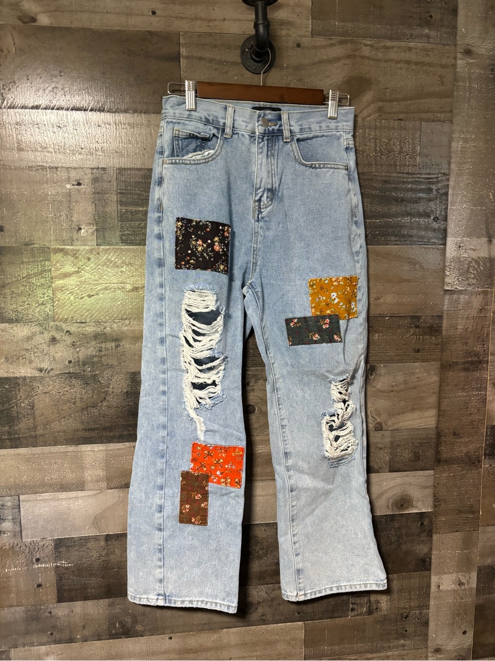 Cider Cute Patchy Denim Jeans Blue High waisted Wide leg Distressed Small